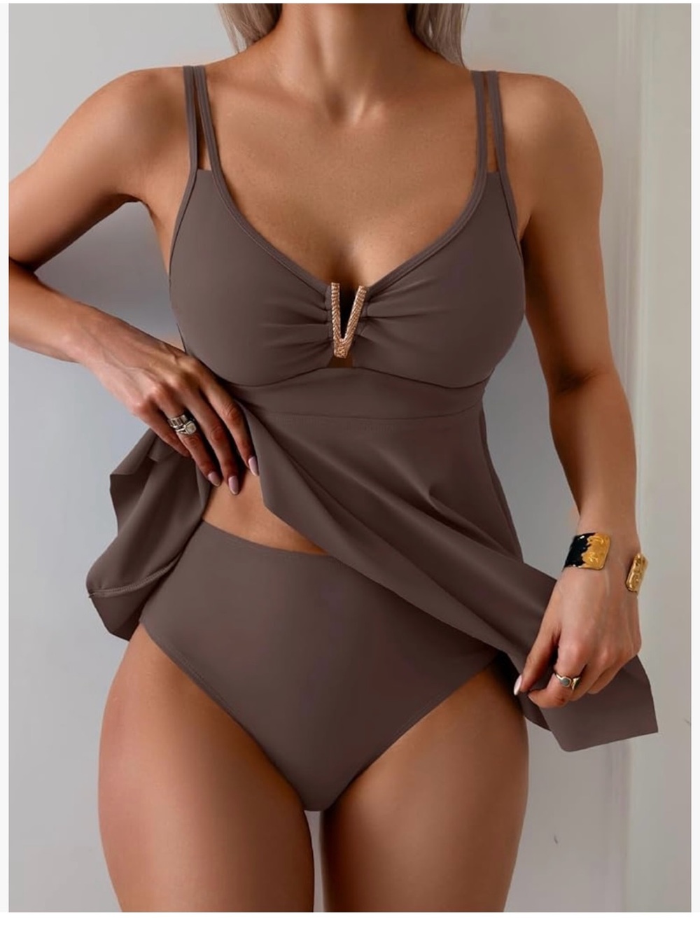 Brown Two-Piece Tankini with Gold Accent